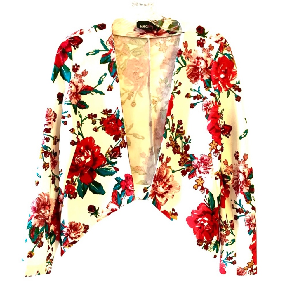 Red Sky Short Cream and Red Floral Jacket Blazer High Low Sides Size Small